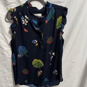 LOFT Navy Floral Ruffle Sleeve Blouse